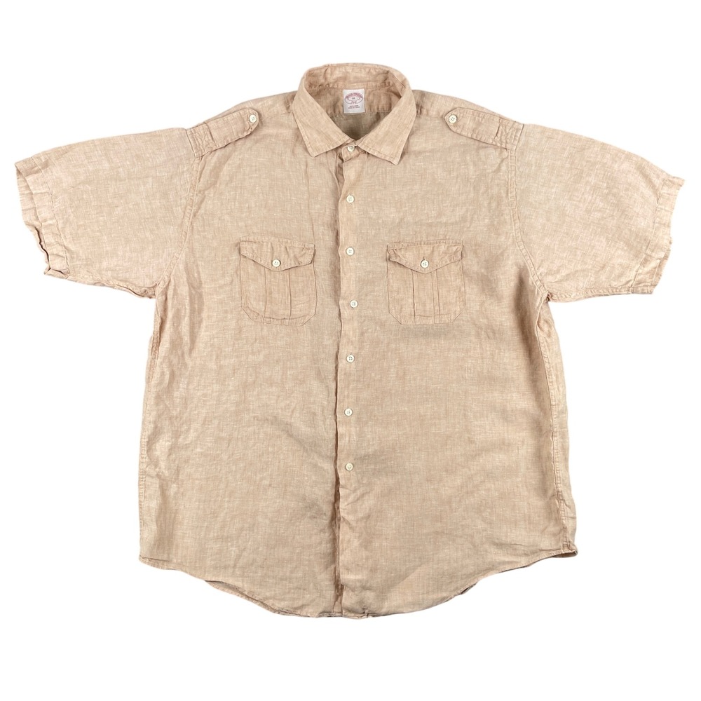 Brooks Brothers Shirt Mens‎ XL Beige Vintage 100% Linen Short Sleeve Dress Shirt